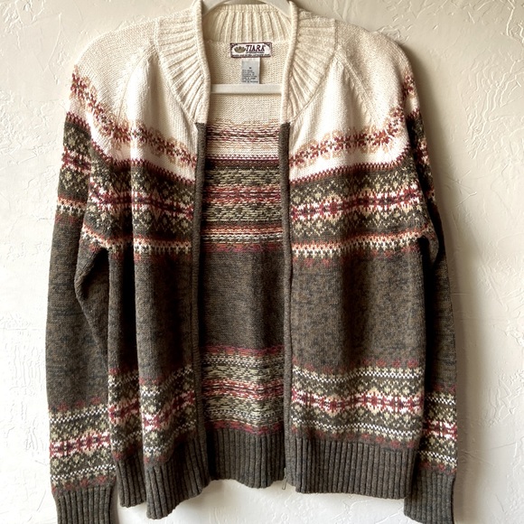 Vintage Tiara ramie cotton blend zip-per cardigan Fair Isle icelandic nordic M - Picture 2 of 11